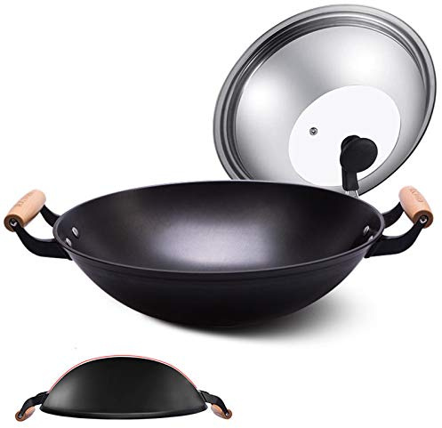 YHEIANJ Padella Wok in ghisa, Vecchia Padella in ghisa a Doppio Orecchio, Antiaderente, Non Rivestita, per fornelli a Gas Domestici, Wok Rotondo con Fondo affilato, 40 cm,46cm