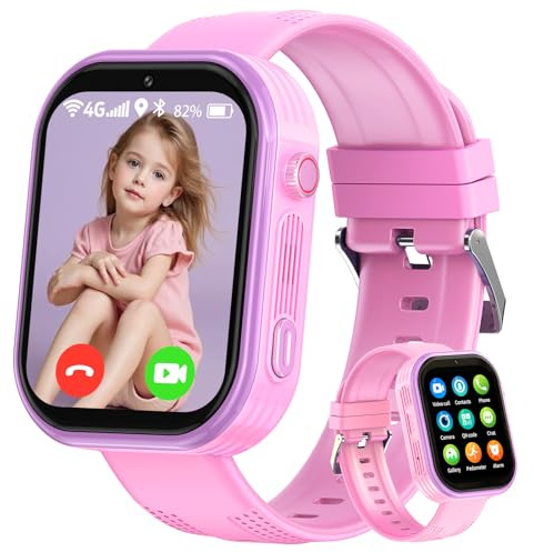 Smooce 4G Smartwatch Kinder, Kinder Smartwatch mit GPS Telefon Videoanruf Voice Chat SOS Schulmodus Schrittzähler Puzzle Spiele, Smart Watch Jungen Mädchen Geschenk (Pink)