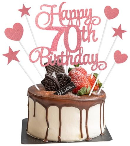 70th Birthday Cake Topper Decorations, 7Pcs Personalised Happy 70th Birthday Cake Topper with Heart Star Cupcake Picks, Rose Gold Glitter Happy 70 Years Old Birthdays Sign for Birthdays Party Supplies