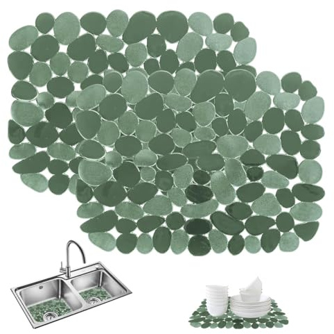 2 Pieces Sink Protector Mats, 40x30cm PVC Pebble Sink Protector, Non-Slip Cuttable Fast Draining Mats, Fast Drain Clear PVC Sink Protectors for Stainless Steel Ceramic Porcelain Sinks, Green