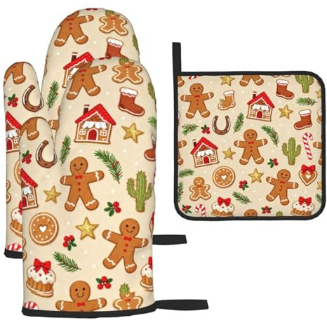 3 Pcs Oven Mitts and Pot Holders Gingerbread Hut Boots Horseshoes Cactus