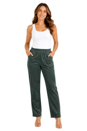Verto Collection Womens Corduroy Trousers Full Length, Ladies Elastic Waist Pull-On Ribbed Cord Pants with Pockets, Casual Straight Leg Winter Warm Pants (Green, 20)
