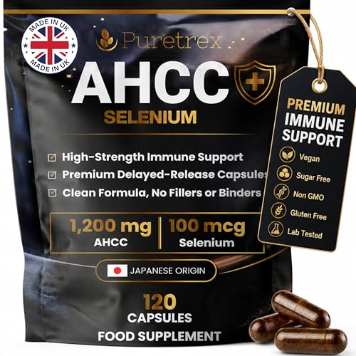 Puretrex AHCC Selenium Immune Support Capsules 1200mg, Japanese Origin AHCC with 100mcg Selenium, UK Made, Daily Immune Defence Formula, Vegan Capsules, Clean No Fillers or Binders, 120 Capsules