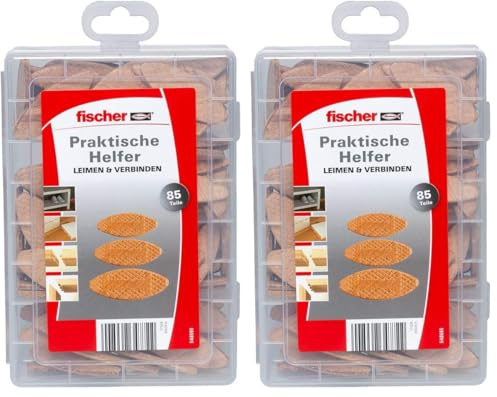fischer Praktische Helfer Leimen & Verbinden, Sortimentbox mit 85 Flachdübeln, Set für sichere Verbindungen von Massivholz, Holzwerkstoffen & Plattenmaterialien (Packung mit 2)