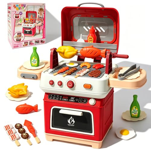 CATCHLUCK Grillleksaksset för barn med rökljud och ljus, leksaksmat och kökstillbehör, interaktiv grill, campingmatlagning, grillleksaksset för barn i åldern 3 till 8 år (röd)