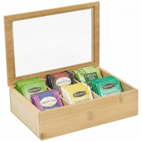 URBNLIVING Bamboo Tea Bag Storage Box Organiser Clear Lid Display Holder tidy Kitchen Home