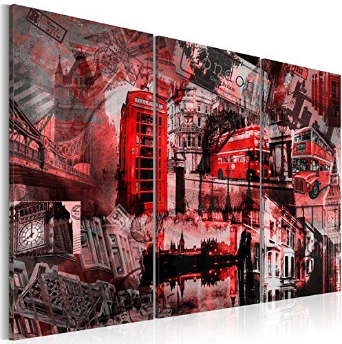 B&D XXL - Wandbilder XXL England 135x90 cm Vlies Leinwandbild 3 Teilig Kunstdruck modern Wandbilder XXL Wanddekoration Design Wand Bild - London rot Bus Denkmale Großbritannien 030117-3