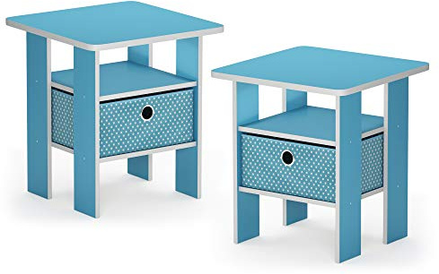 Furinno Andrey End Table Nightstand with Bin Drawer, Light Blue, Set of 2