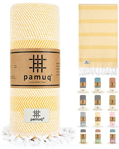 pamuq® Strandtuch XXL – Hamamtuch, Saunatuch, Badetuch & Duschtuch aus Baumwolle, handgemacht, leicht, saugstark, schnelltrocknend, Oeko-TEX® Zertifiziert, Yogatuch, Pareo, Pestemal gelb gestreift