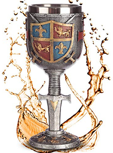 Deko Kelch ''Sword and Shield'' - Mittelalterlicher Weinkelch mit Wappen (160ml) - Höhe 19 cm - Dekoration Fantasy Mittelalter