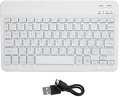 Trådlöst Tangentbord, Bluetooth-tangentbord 10 Tum med RGB-bakgrundsbelysning Fyrkantigt Tangentbord för Telefonplatta(vitVit ryska)