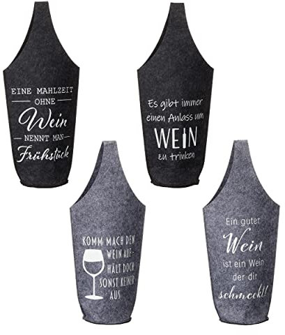 MC-Trend 4er Set Filz Flaschentaschen für Weinflaschen mit Sprüchen Geschenkverpackung Geschenktüte Wein (4er Set Weintasche mit Henkel)