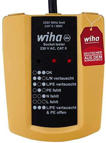 Wiha Steckdosentester 230 V AC, CAT II inkl. 2x AAA-Batterien I mit flexiblem Kabel I LED-Anzeige (45220)
