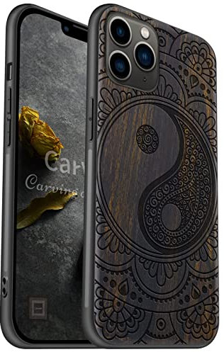 Carveit Coque Compatible avec iPhone 11 Pro Étui en Bois [Etui en Bois Rigide Antichoc avec Cadre en TPU] pour 11 Pro Case Coque de Protection (Bois Sombre-Mandala avec Yin-Yang)