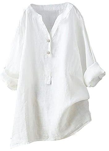 Leinen Bluse Damen Oversize Langarm Lose Leinenbluse V-Ausschnitt Knopf Einfarbig Blusen Hemd Shirt Sommer Herbst Longshirt Oberteile Tunika Lang Tops
