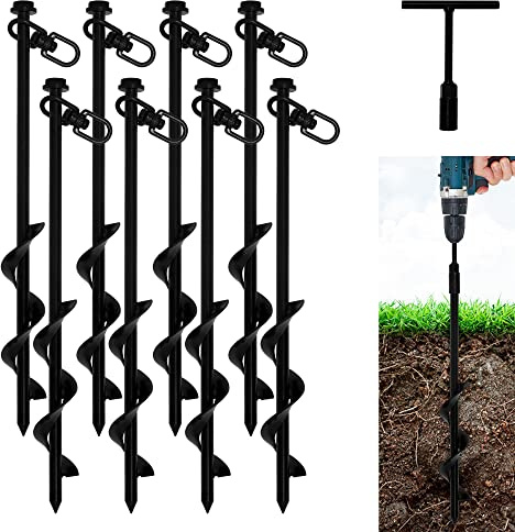 VASGOR 40,6 cm Bodenanker (8 Stück) einfach zu bedienen mit Bohrer, robuster Ankerhaken für Campingzelt, Vordächer, Auto-Ports, Schuppen, Schaukel-Sets, Sicherung von Tieren - schwarz