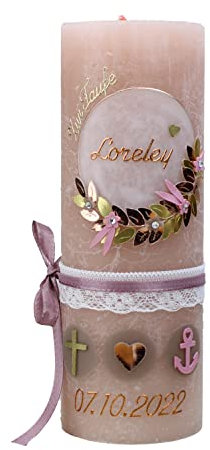 Cerziies® Taufkerze Rustik Loreley Junge oder Mädchen mit Name und Datum, individuell und handverziert 1832, Variante:Klassischer Docht