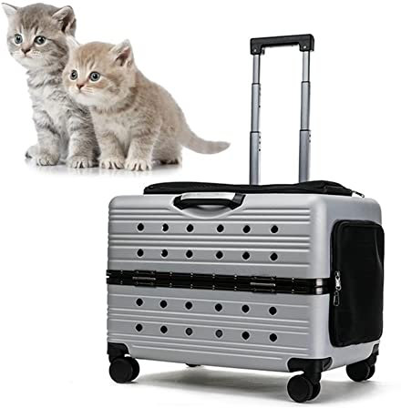 Valise de Chariot pour Animaux de Compagnie, Bagage de Transport pour Animaux de Compagnie Perche télescopique à Roue Universelle Portable Respirante pour Petits et Moyens Chiens/Chats (Color : Silve