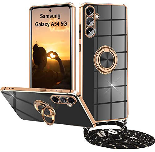 XCYYOO Handykette für Samsung Galaxy A54 5G Hülle mit Band,Handyhülle Samsung Galaxy A54 5G mit Kette 360° Halter Rotations Ständer Kratzfest Silikon Stoßfest Schutzhülle mit Kordel, Schwarz