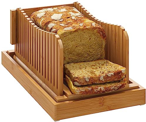 Trancheuse à pain, guide à pain fait maison en bois de bambou, 3 tranches d'épaisseur, guide de coupe compact pliable avec ramasse-miettes