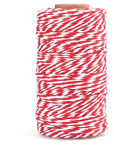 KINGLAKE 100M Kordel Schnur Rot Weiß - 2mm Metzgergarn Wurstgarn, Faden Makramee Garn, Baumwollgarn Dünn, Küchengarn Bäckergarn, Geschenkband, Band für Basteln, Weihnachten, Adventskalender
