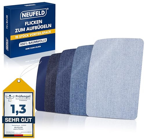 NEUFELD® Bügelflicken 15 Stück - Blautöne - Jeans Flicken zum Aufbügeln