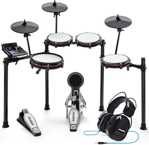 Alesis Nitro Max Kit Elektronische Schlagzeug mit Quiet Mesh Pads, 10 Dual Zone Snare, Bluetooth, 440+ Sounds, Drumeo, USB MIDI, Kick Pedal und E Drums Kopfhörer