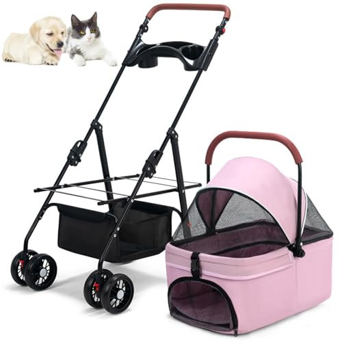 RUYICZB Hundebuggy Bis 15 Kg Klappbar, Hundewagen 2In1 Hunde Kinderwagen Hundebox Transporttasche Faltbar Haustiere Buggy Mit Netzfenstern Jogger Katzenbuggy Für Kleine Hunde Katzen,Rosa
