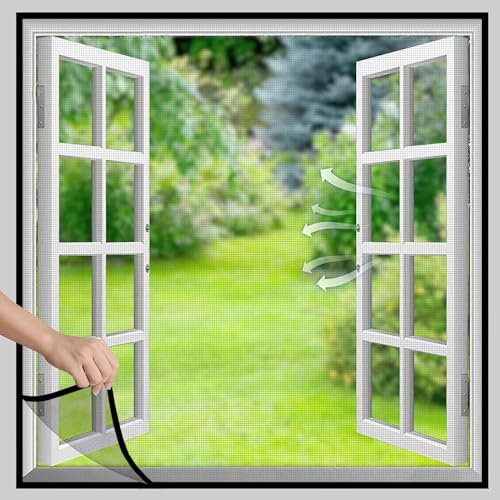 Fliegengitter für Fenster, ist Ideal für die BalkonFenster, KellerFenster und TerrassenFenster, Ohne Bohren, Nicht Kürzbar- Schwarz,110x145cm