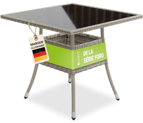Juskys Polyrattan Gartentisch Yoro wetterfest - Balkontisch 80x80 cm eckig - Rattan Beistelltisch mit Glasplatte - Kleiner Tisch für Balkon - Grau