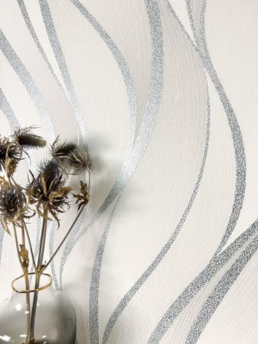 NEWROOM carta da parati Bianchi Ondulazioni Tessuto non Tessuto - Striscia Grigio Argento Linea Struttura Moderna