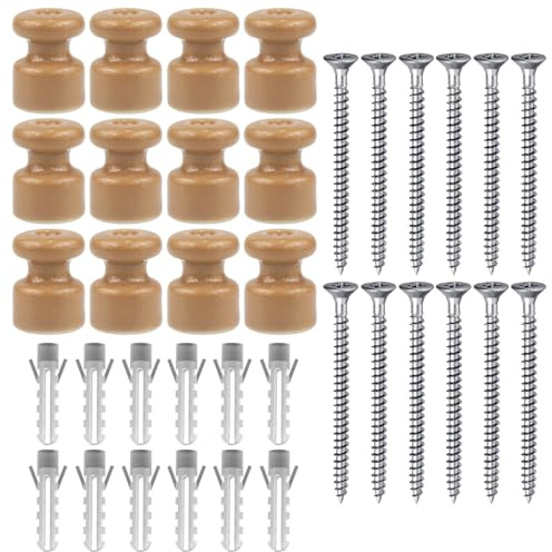 OASHISU 12 x Keramik Isolatoren für Textilkabel Porzellanisolatoren Bronze | Aufputz Kabelhalter Kabelführung Retro Wandpins Isolator aus Porzellan Wand und Deckenpins, Ø18mm Keramik-Isolatoren Vintage