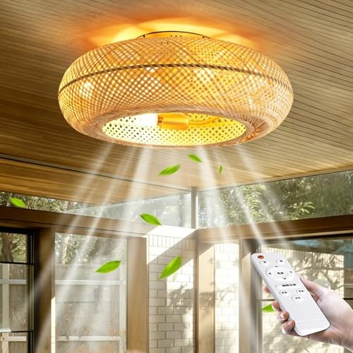 ENXING Vintage takfläkt med belysning Rustic Light Ceiling E12 x 6 lamphållare tyst DC-motor handvävd rotting våg fläkt belysning tak för sovrum kök vardagsrum (ingår ej)