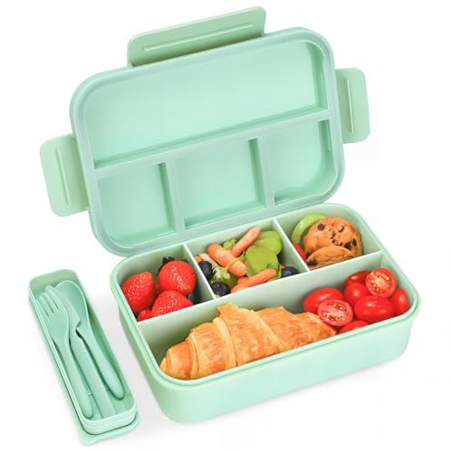 Bugucat Bento Lunch Box 1300ML - Leak-Proof With 4 Compartments, Cutlery for Kids and Adults - Snack Box for School, Kindergarten, Office - Green