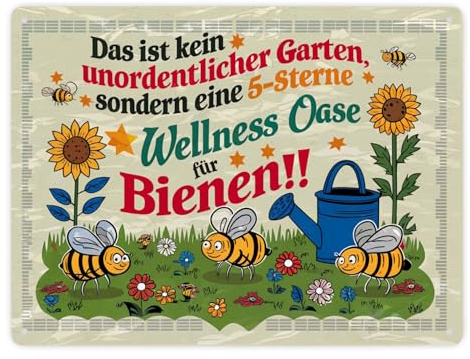 5-Sterne Wellness Oase für Bienen Metallschild XXL in 28x38 cm Mit Illustrationen von Honigbienen auf Blumenwiese