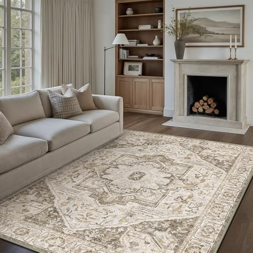 HUGEAR Vintage Braun Waschbarer Teppich Wohnzimmer 180x270cm Retro Rugs for Living Room Weich rutschfest Groß Tepich Kurzflor Schlafzimmer Carpet Living Room Bedroom Esszimmer Teppiche Büro