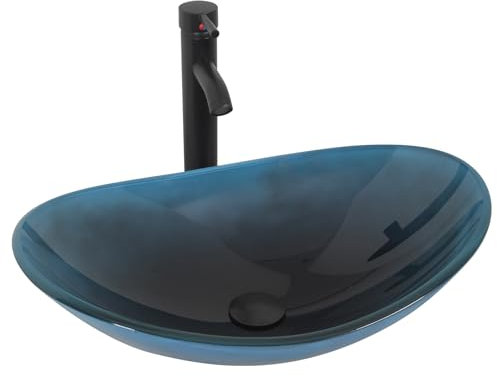 YU YUSING Lavabo Sobre Encimera con Grifo, Lavabo Baño de Cristal 53x35x15.5cm, Lavabos de Lujo Ovalado para Baño, Cocina, Aseo de Invitados, Tocador, Moderno Azul Oscuro