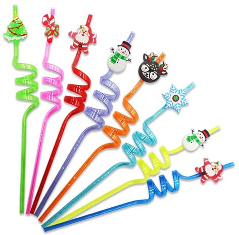 SIVZUMO 8 Pcs Pailles en Plastique, Pailles à Thème Noël Réutilisables, Noël Enfants Pailles Spirale pour les Fêtes d'Anniversaire, Noël Pour Fête