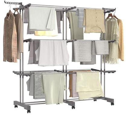 IDMarket - Séchoir à Linge Vertical Pliable et Extensible 3 Niveaux Maxi capacité 40M INOX et Gris