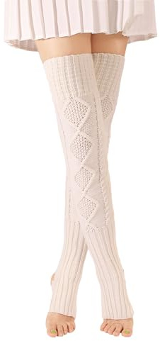 Manschettstrumpor för kvinnor varma tjocka knästrumpor strumpor Overknees stickade termostrumpor långa benvärmare stickade vinterstrumpor leggings för kvinnor, Vit, En Storlek