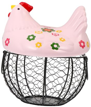 Garneck Cestino Portauova in Ferro Cestino Portafrutta Con Coperchio in Ceramica Forma Di Gallina e Alimenti Pratico e Decorativo Per Cucina e Scrivania