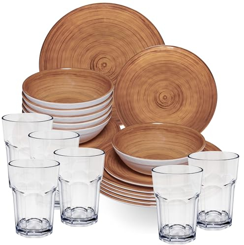 Melamin Geschirr Set Braun 6 Personen 24 Teile klaren 400ml Acryl Camping