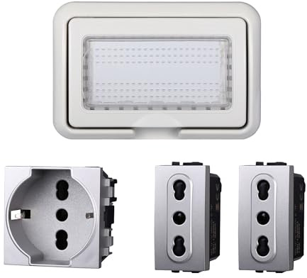 Kit Placca Scatola 504 IP55, 4 Moduli 1 Presa Schuko P40 + 2 Prese Bipasso, Compatibile Con Bticino Living, Colore Grigio, Placca Stagna Idrobox Incasso Da Esterno