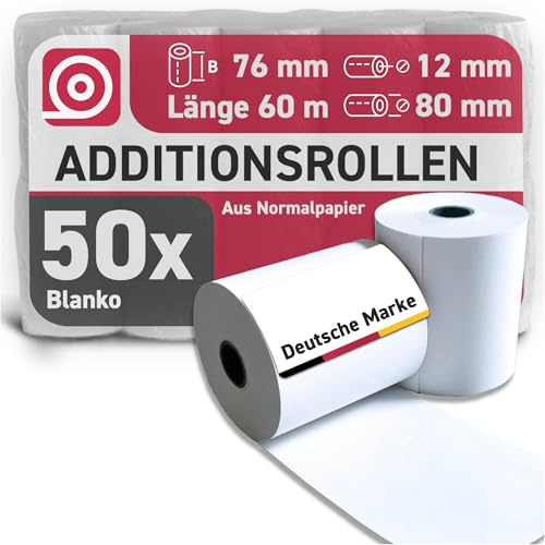 Gebongt24 Additionsrolle (76mm × 60m × 12mm) – holzfreies Normalpapier – 50 Kassenrollen 80mm – ideal für Apotheken & Arztpraxen, Epson TM-J7700, Nadeldrucker, Tischrechner & Rechenmaschinen