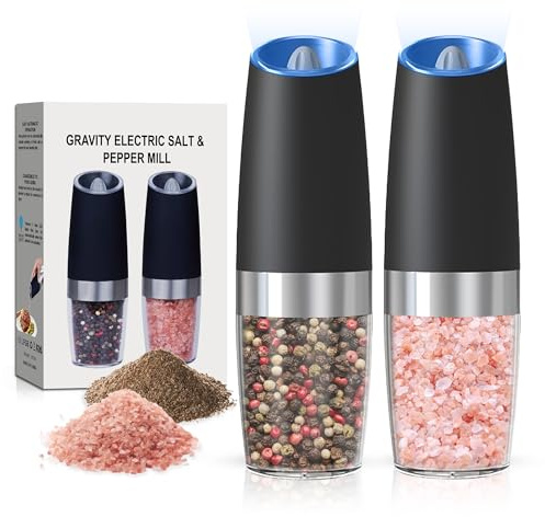 BELRIGO Battery Operated Salt And Pepper Grinder Set with LED Light, Automatic Electric Gravity Salt And Pepper Shakers Set, Each 6 AAA Batteries Needed, Adjustable Roughness, 2 Pack (Black)