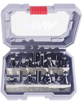 MNA Router Bits Set of 15 Pieces 1/4 Inch Shank, Tungsten Carbide 1/4 Router Bit Pro Kit, DIY Woodwork Tools, Carrying Case