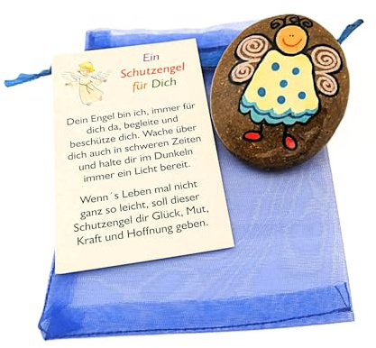 Andys Steinwelt® Schutzengel Geschenk für Taufe mit Name, Datum, ca. 5 cm | Handschmeichler Stein personalisierbar, im Organza-Säckchen, Engel Figur, Glücksbringer für Prüfung, Mutmacher für Schule