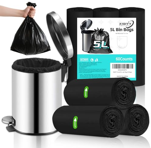 Kleine Müllbeutel, 5 l, schwarz, Tretmüllbeutel, auslaufsicher, dickere Müllsäcke für Badezimmer, Schlafzimmer, 60 Stück