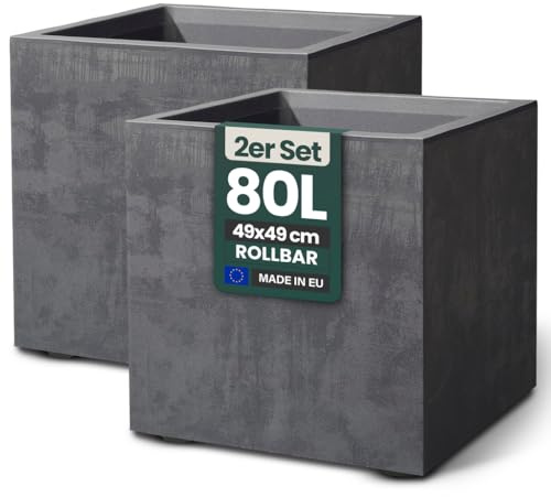 Kreher 2 x XL Pflanzkübel 'Millennium' in verschiedenen Formaten/Farben. Tolle Naturstein Optik in Anthrazit, Grau, Creme Weiß oder Braun! Aus robustem Kunststoff. (Anthrazit, 2 x 80 Liter Eckig)