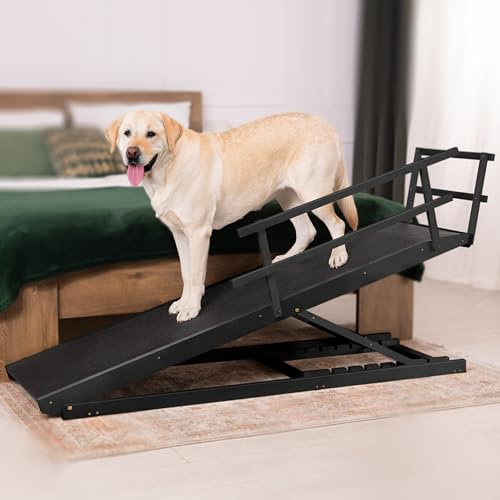 Hunderampe Bett mit Sicherheitsgeländer - Für Große Hunde bis zu 90 kg - Höhenverstellbare hundetreppe für Betten bis zu 94.5cm - Breite 49,5 cm - Klappbar - Anti-Rutsch-Griff - Birkenholz - Schwarz